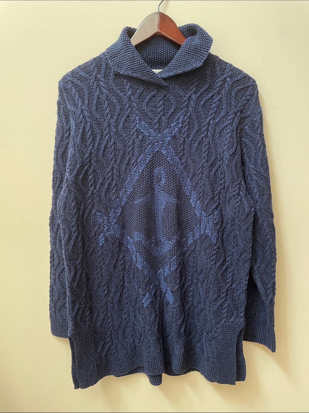 Vintage Jaeger Cable Knit Shawl Collar Sweater navy nautical anchor 100% cotton